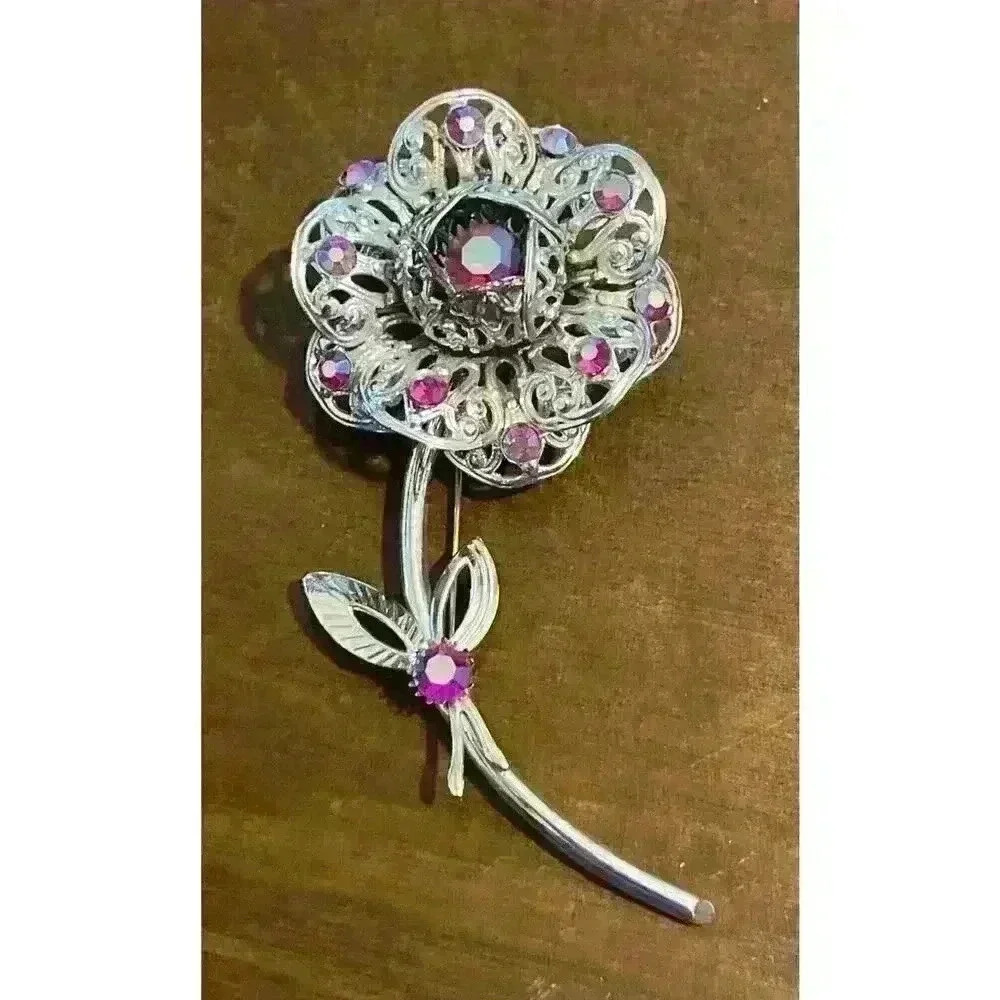 Vintage Signed SARAH COVENTRY Flower Pin Brooch Red Pink AB Rhinestone Silver